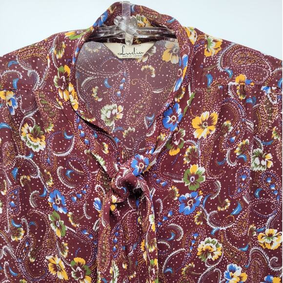 Vintage 70s Paisley High Bow Neck Sheer Long Sleeve Button Up Blouse size large - Picture 6 of 9